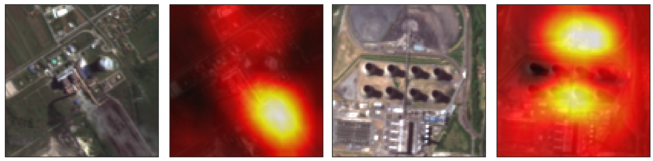 Example images and class activation maps for two coal
power plants from our sample that were correctly identified. The
heatmap plots highlight areas on which the trained model bases its
class prediction. In this case, the model focuses on the presence of
coal heaps that are indeed indicative of coal-powered plants.