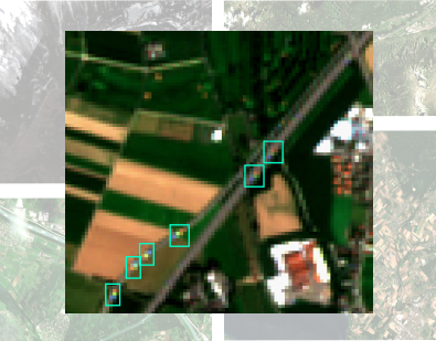 Green boxes indicate commercial vehicles (CV) as they move on a Swiss freeway section. Due to a delay in the imaging of the different channels, moving objects exhibit a characteristic rainbow-like appearance in Sentinel-2 images.