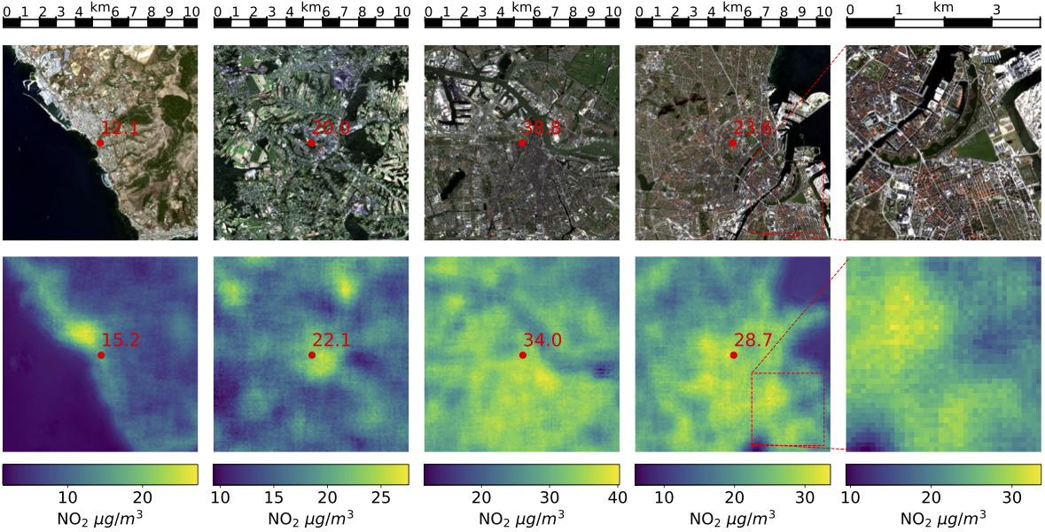Exemplary NO2 predictions based on Sentinel-2 and Sentinel-5P input data from Scheibenreif et al. 2021b.